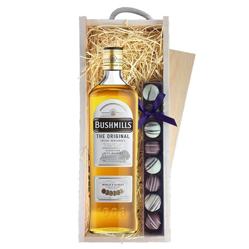 Bushmills Original Irish Whiskey 70cl & Heart Truffles, Wooden Box